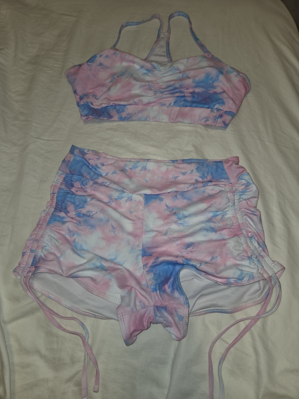 Tie-Dye Pink & Blue Sports Bra and Shorts Set - Women Swimwear